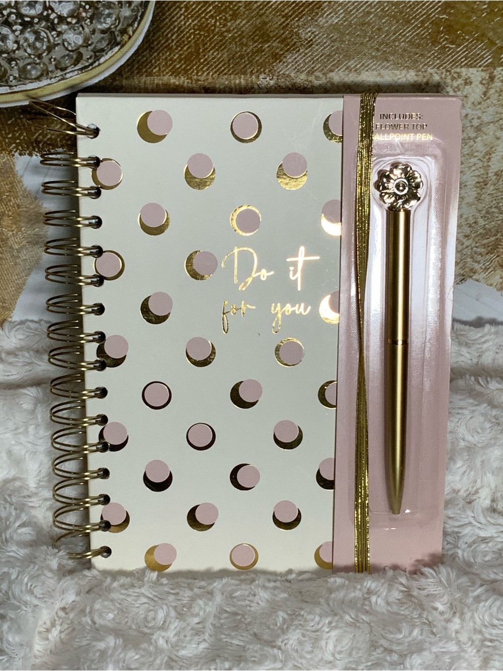 Gold & Blush Spiral Notebook with Gold Pen - Accessories
